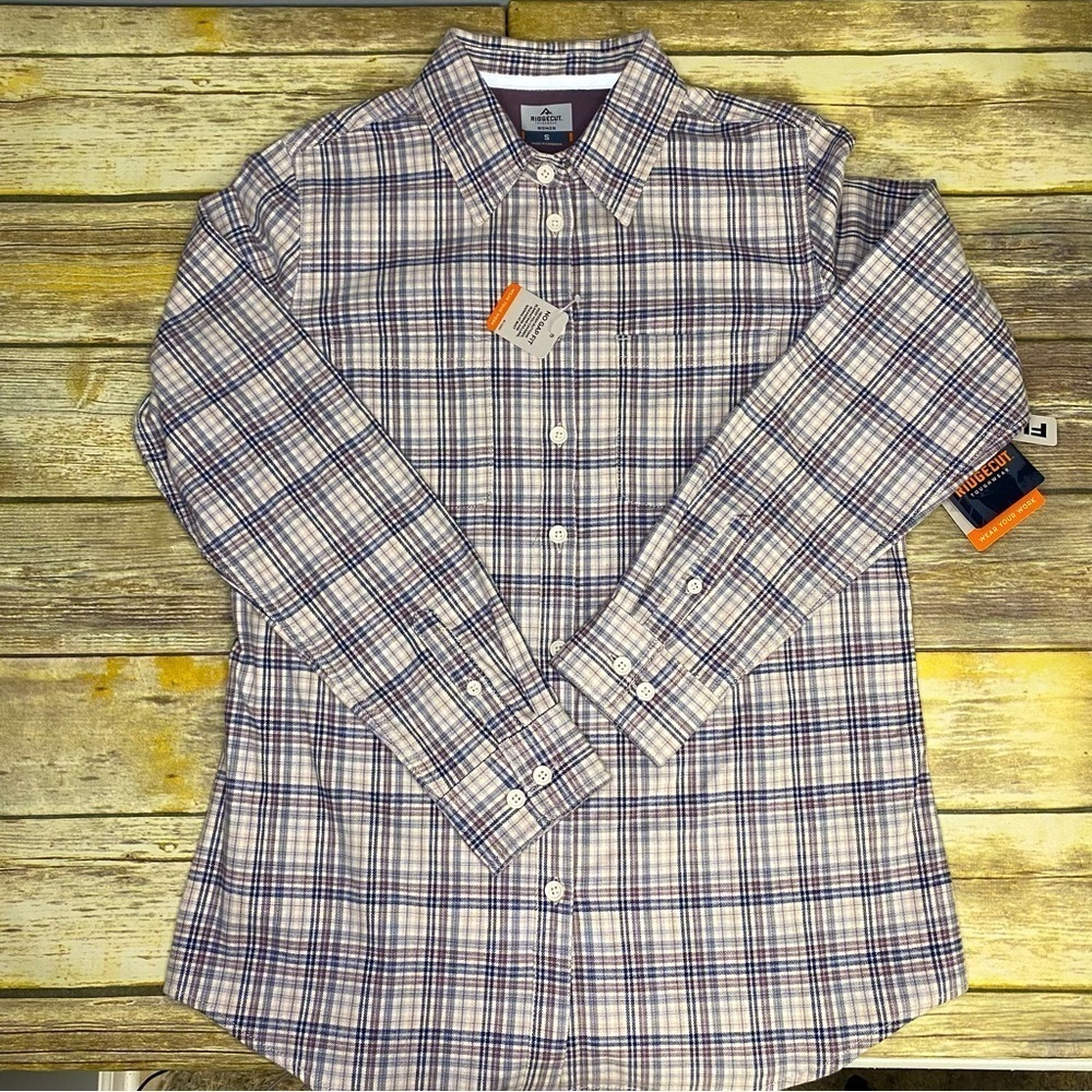 NWT Ridgecut Gorpcore Women’s‎ Plus FLEX White Plaid Flannel Button-up Size S
